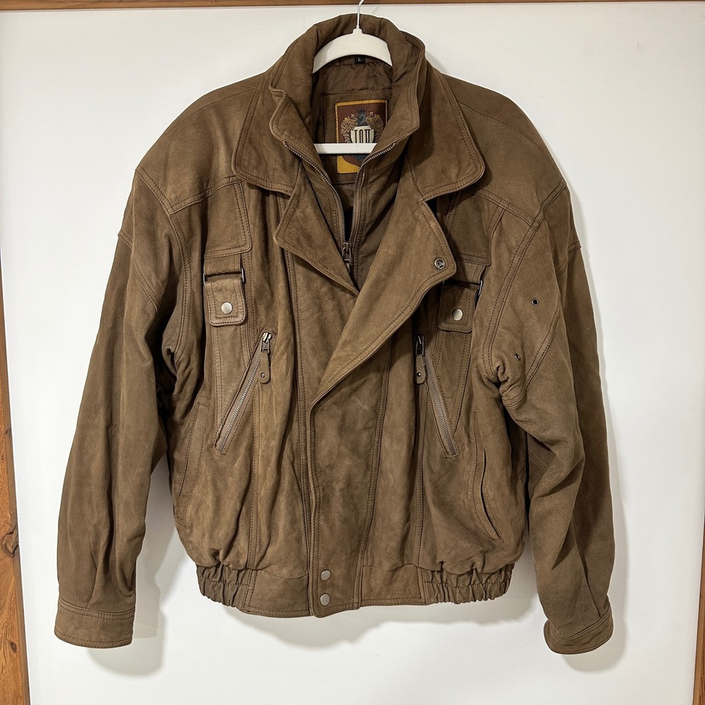 IOU Leather Bomber Jacket Mens L Brown Genuine Leather Quilted Pockets Vintage